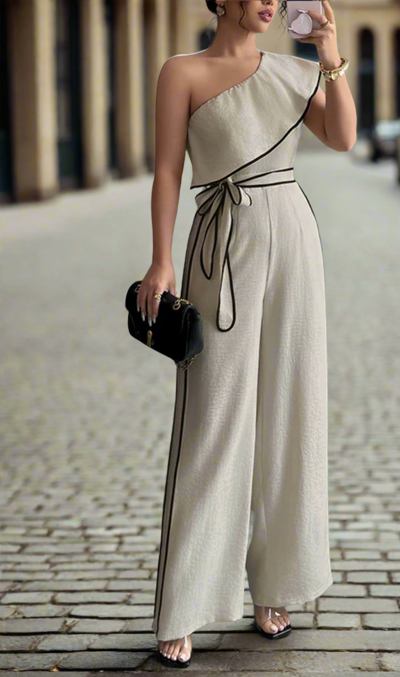 Women High Waisted Wide Leg Elasticity Tied Waist
One-Shoulder Jumpsuit