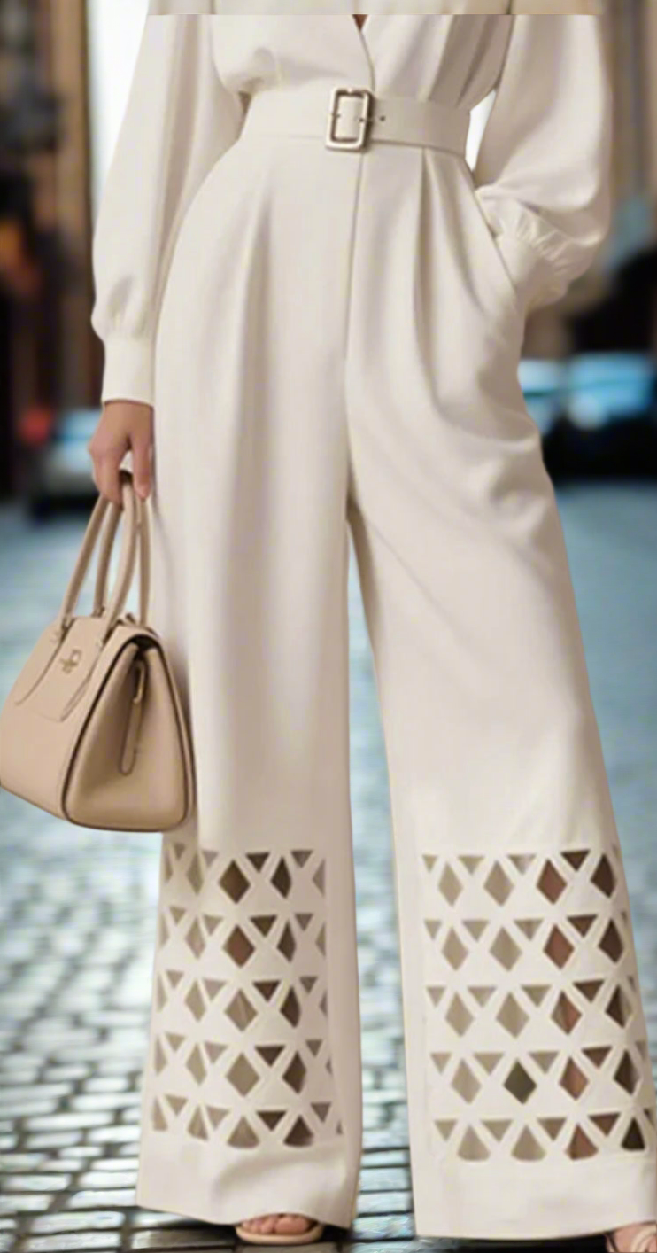 Women Long Sleeves Puff Sleeves Belted Hollow Solid Color Deep V-Neck Jumpsuit