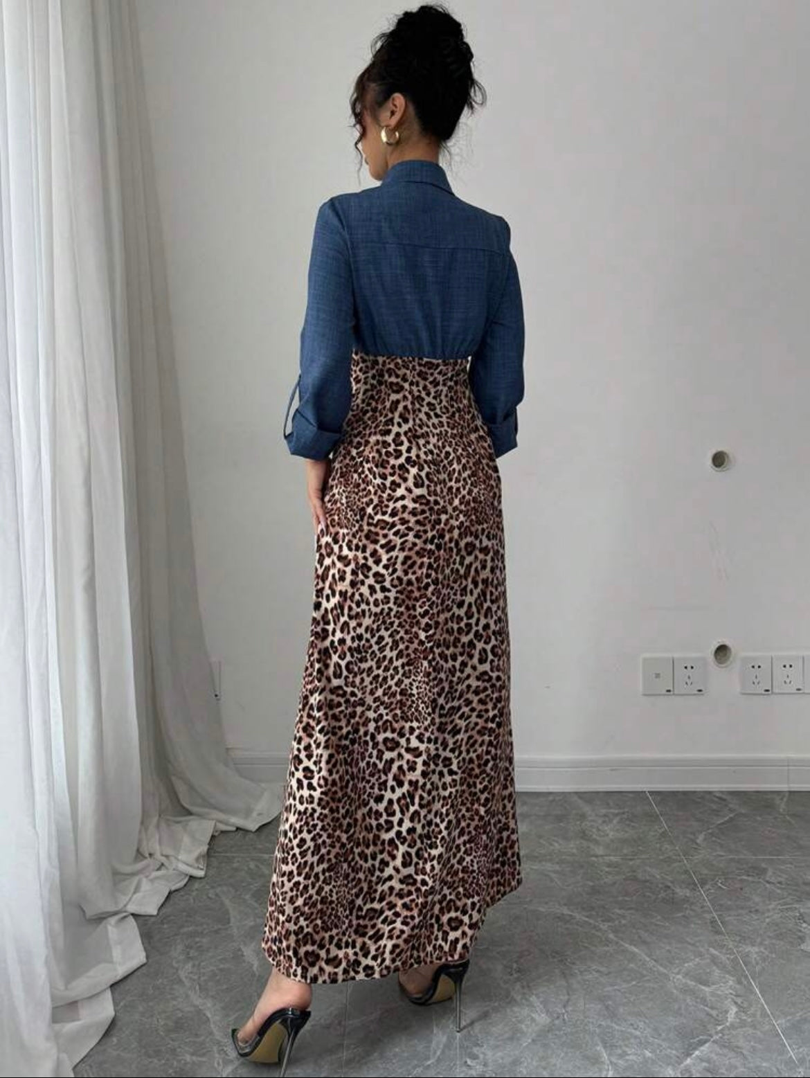 Women Jean Cheetah LongSleeve  Maxi Dress