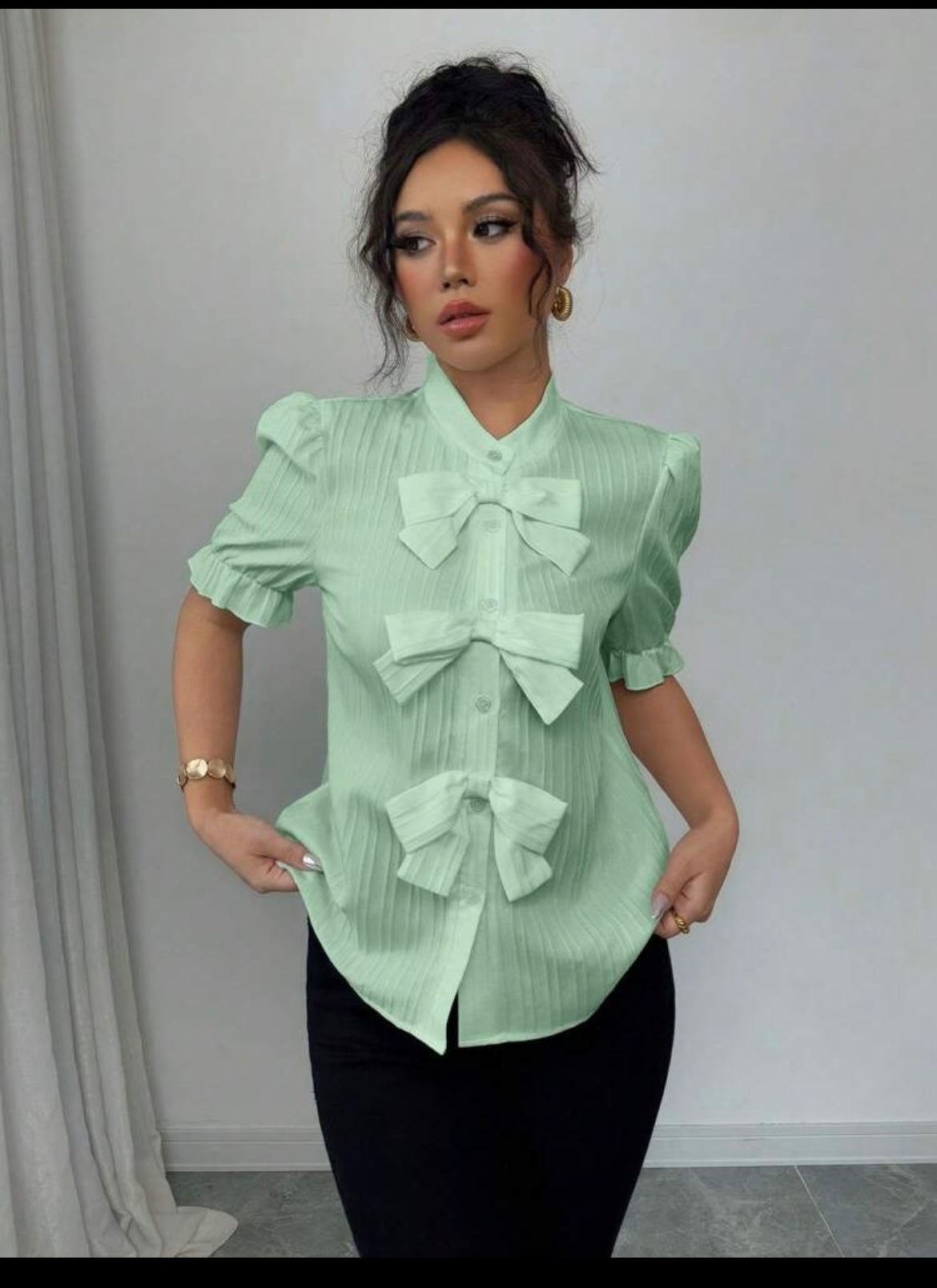 Women Sophisticated  Solid Bow Blouse