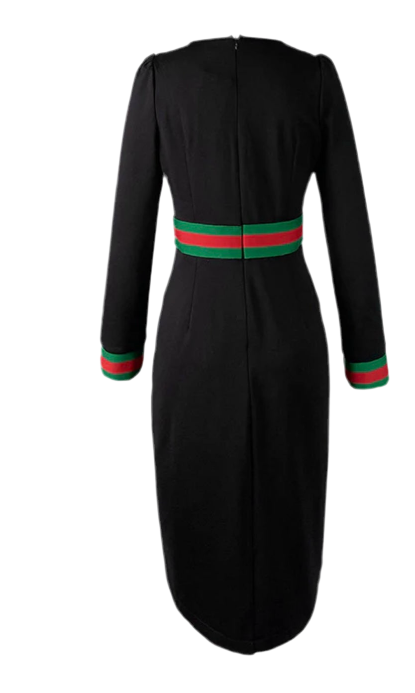 Women Long Sleeves Striped Deep V-Neck Mini Dress