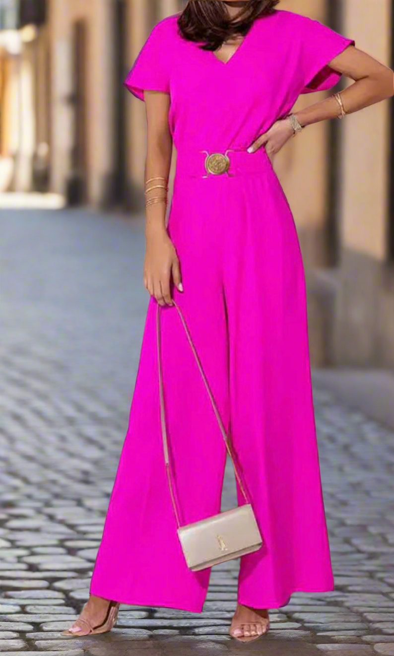 Women High Waisted Loose Belted Pleated V-Neck
Jumpsuits