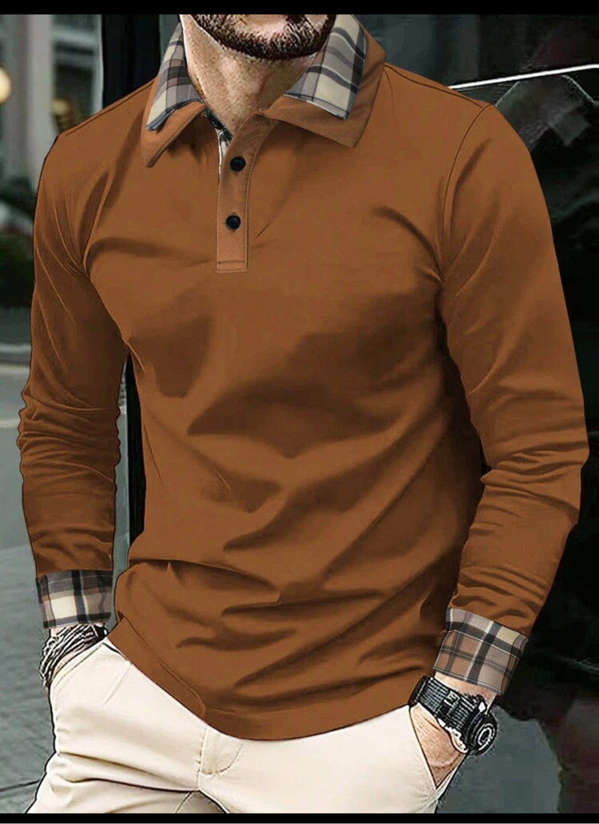 Men Solid Plaid Print Polo Shirt