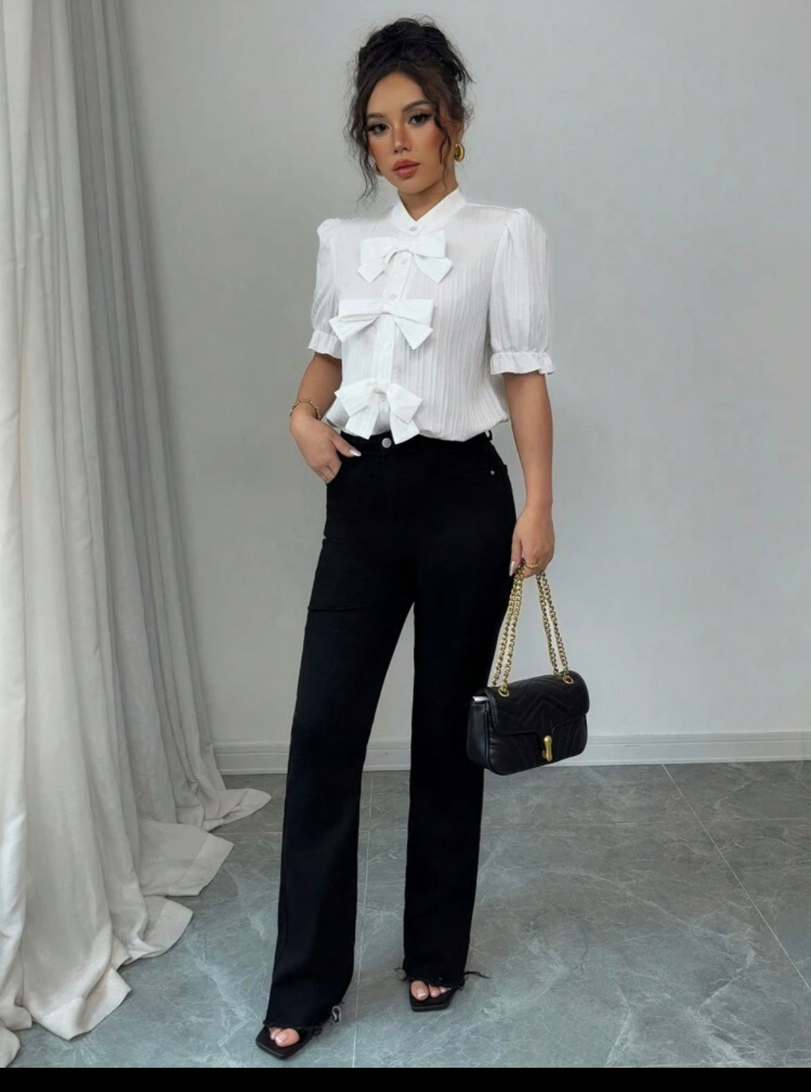 Women Sophisticated  Solid Bow Blouse