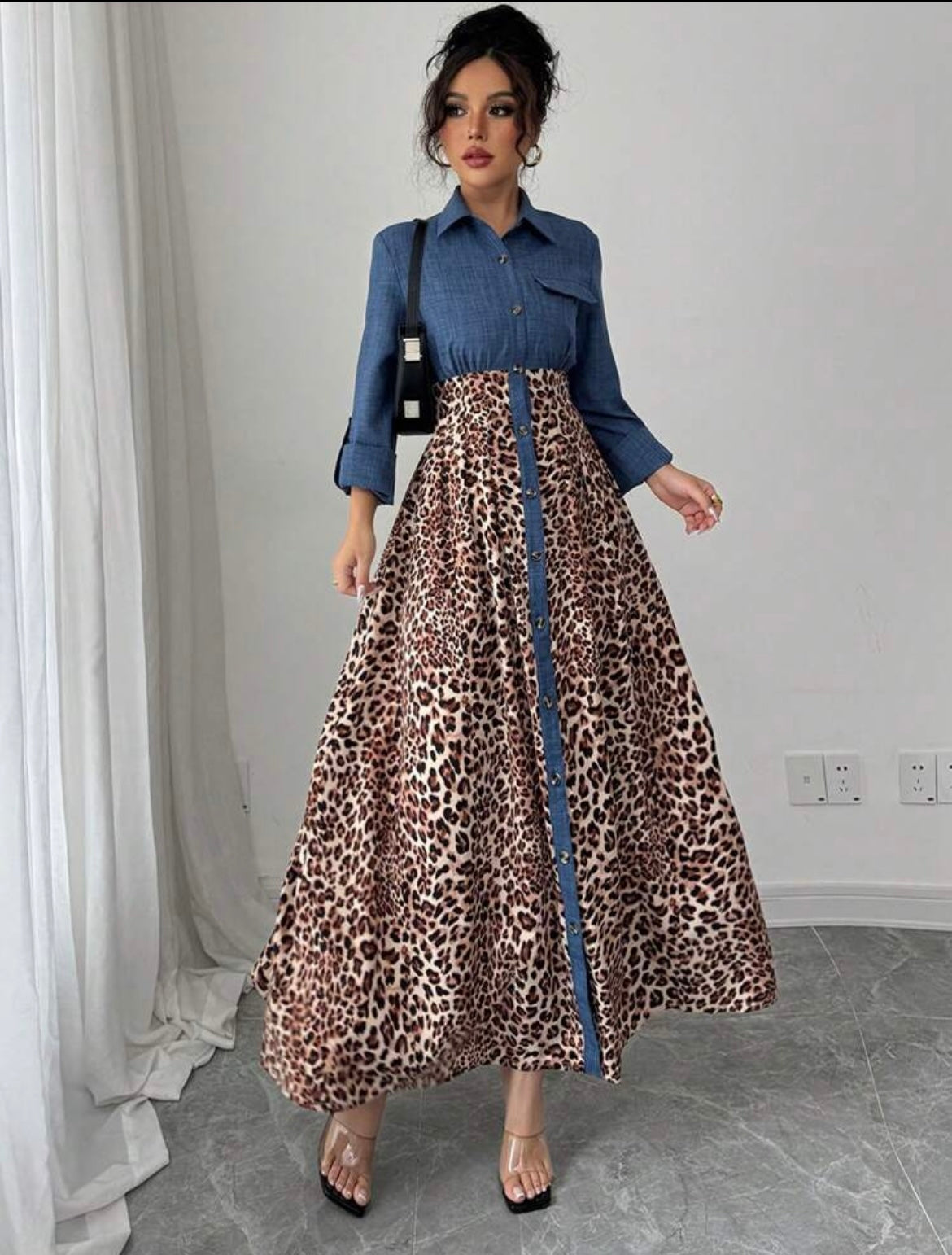 Women Jean Cheetah LongSleeve  Maxi Dress