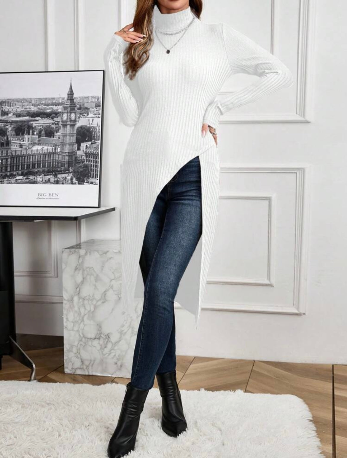 Women Sophisticated Front Split Casual Turtleneck