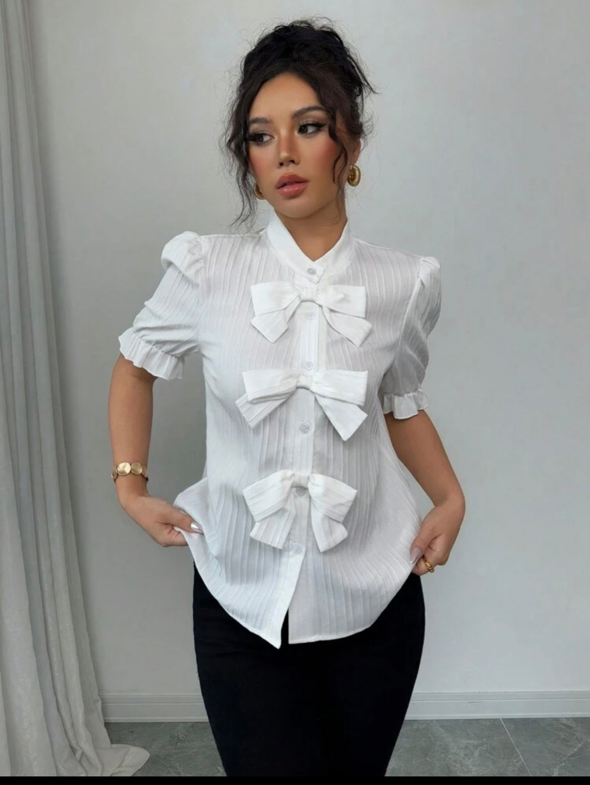 Women Sophisticated  Solid Bow Blouse