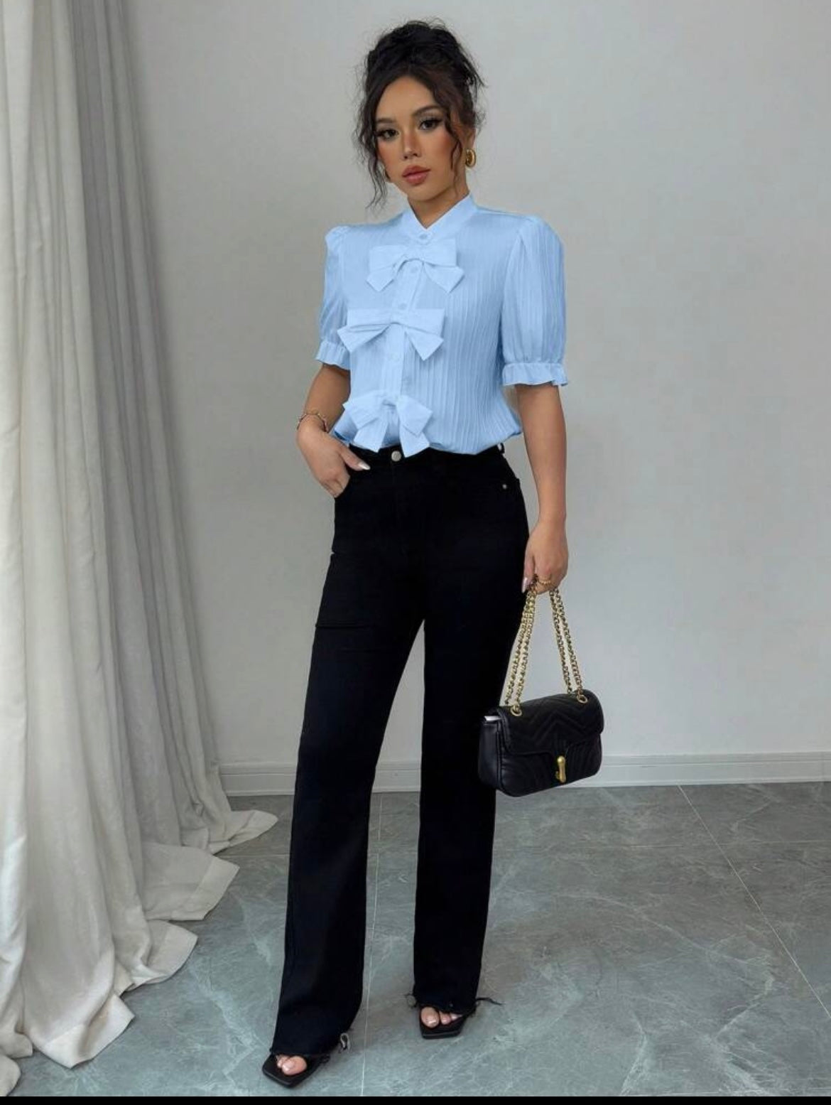 Women Sophisticated  Solid Bow Blouse