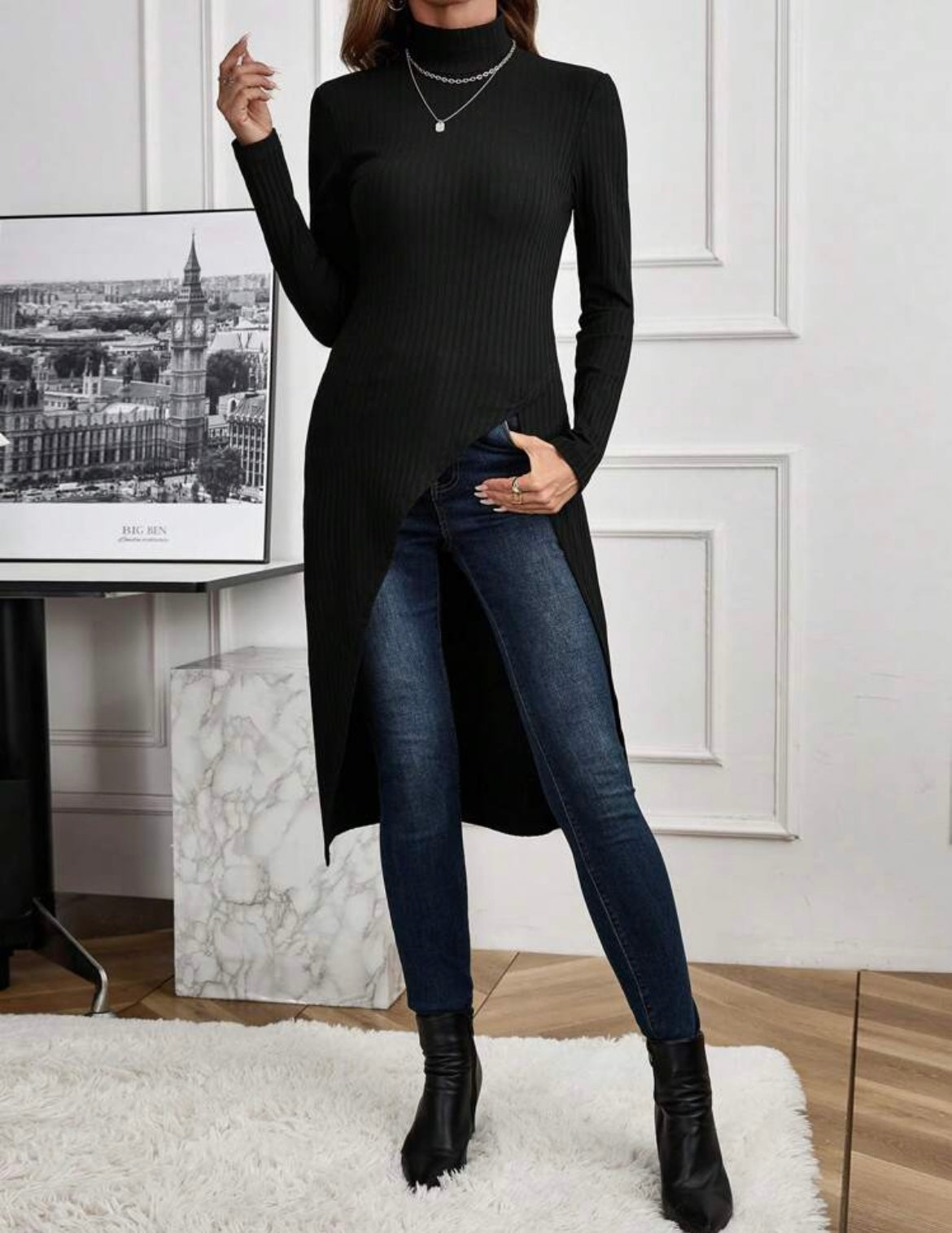 Women Sophisticated Front Split Casual Turtleneck