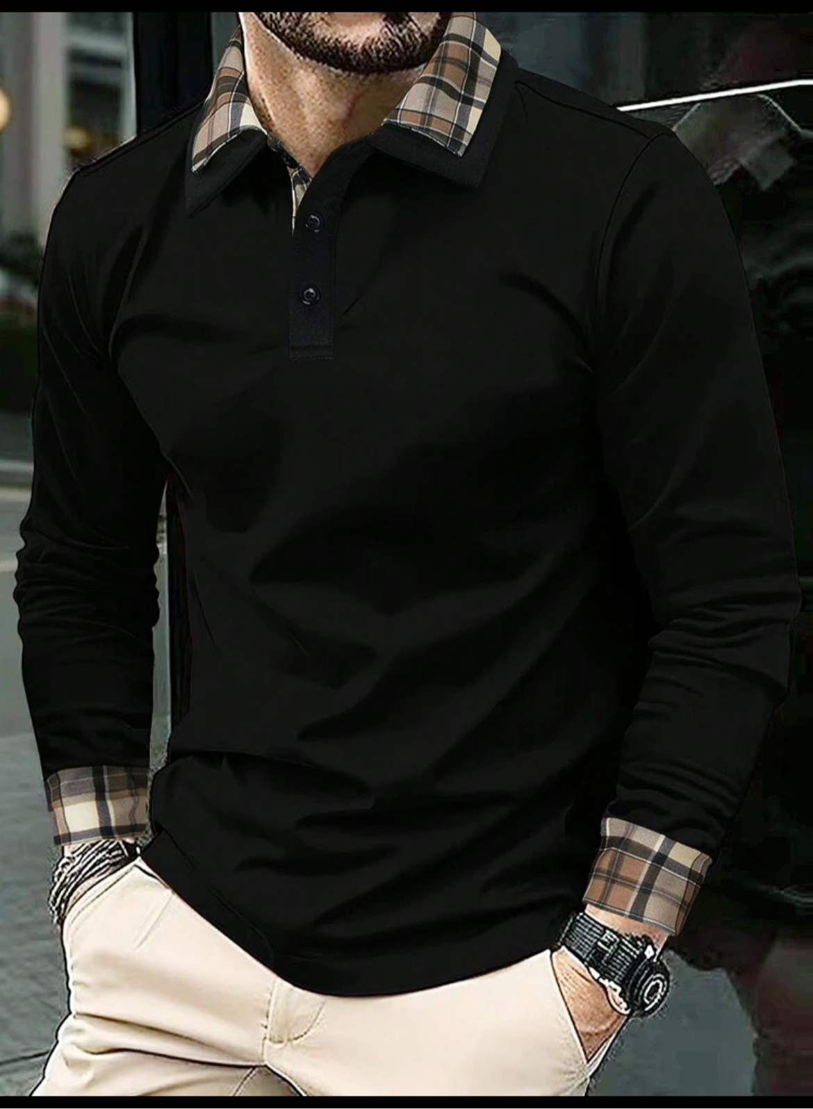 Men Solid Plaid Print Polo Shirt