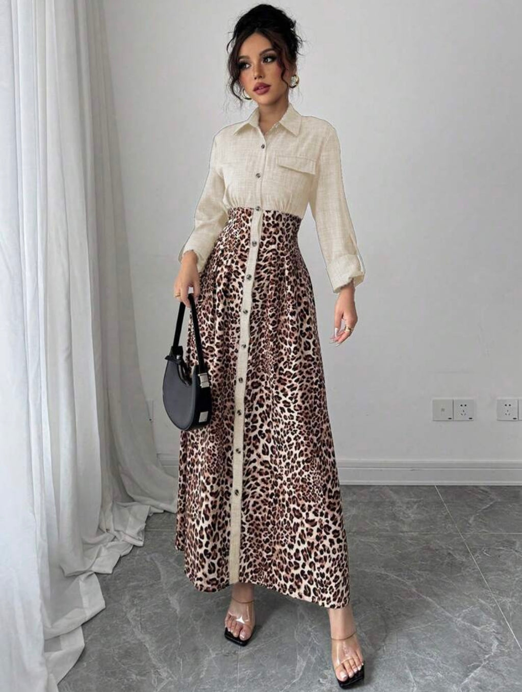 Women Jean Cheetah LongSleeve  Maxi Dress