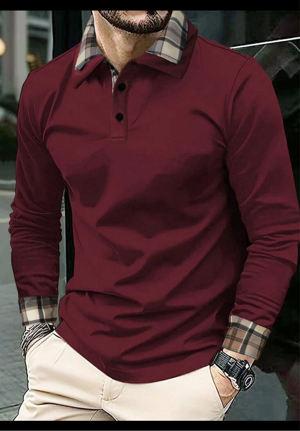 Men Solid Plaid Print Polo Shirt