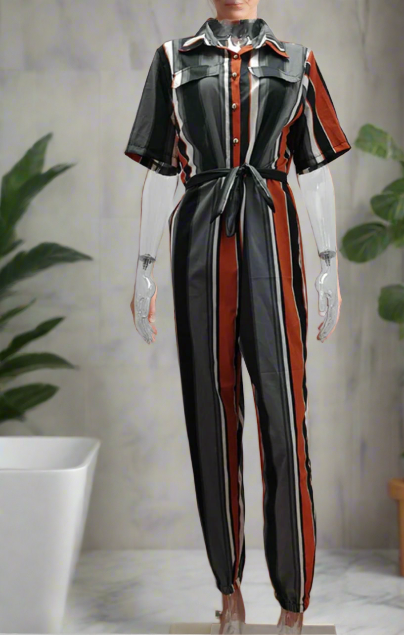 Loose Plus Size Split-Joint Striped Tied Waist
Lapel Jumpsuits