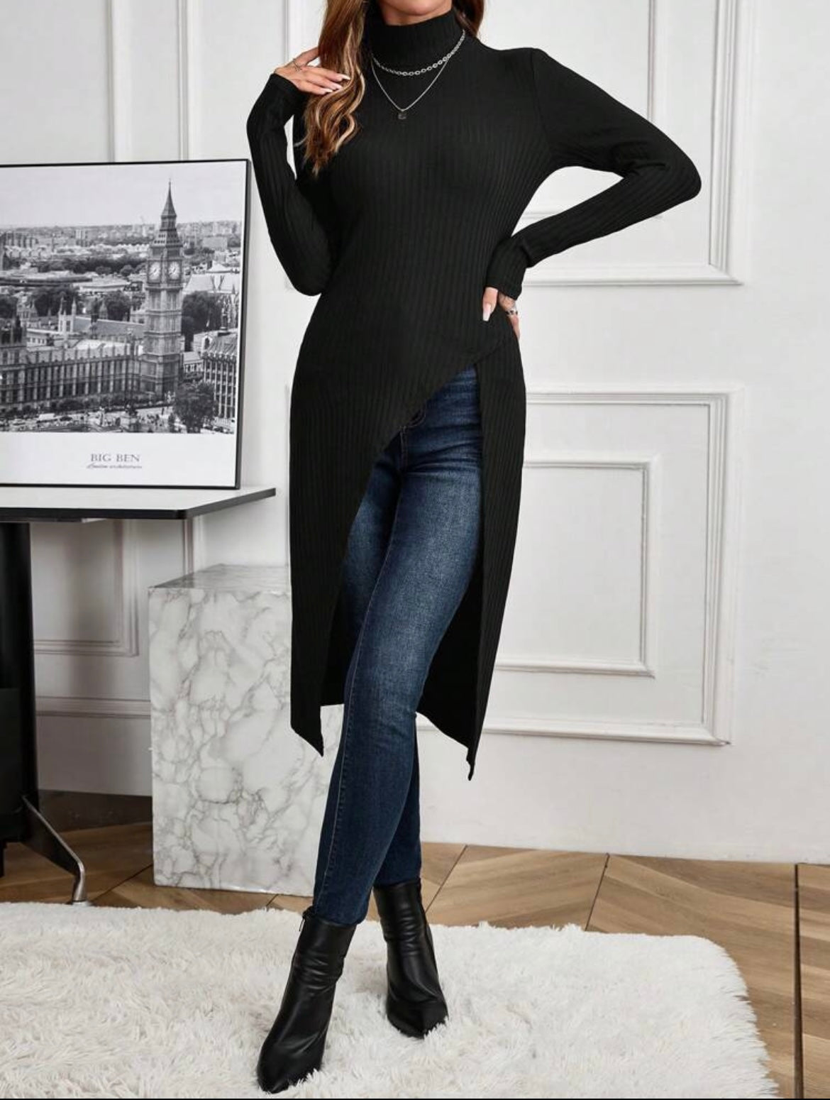 Women Sophisticated Front Split Casual Turtleneck