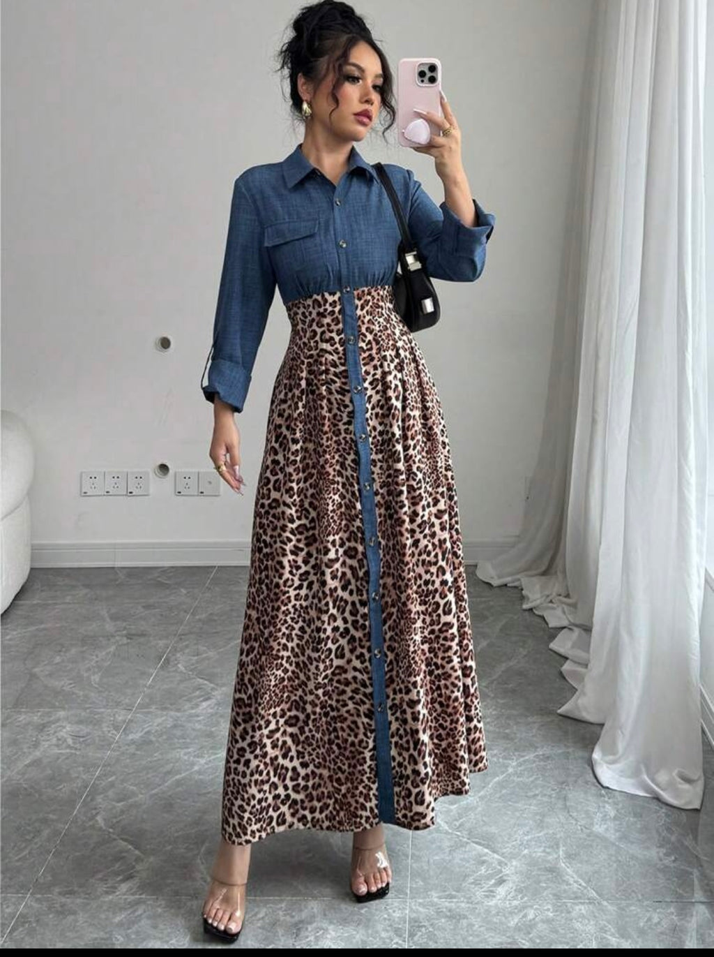 Women Jean Cheetah LongSleeve  Maxi Dress