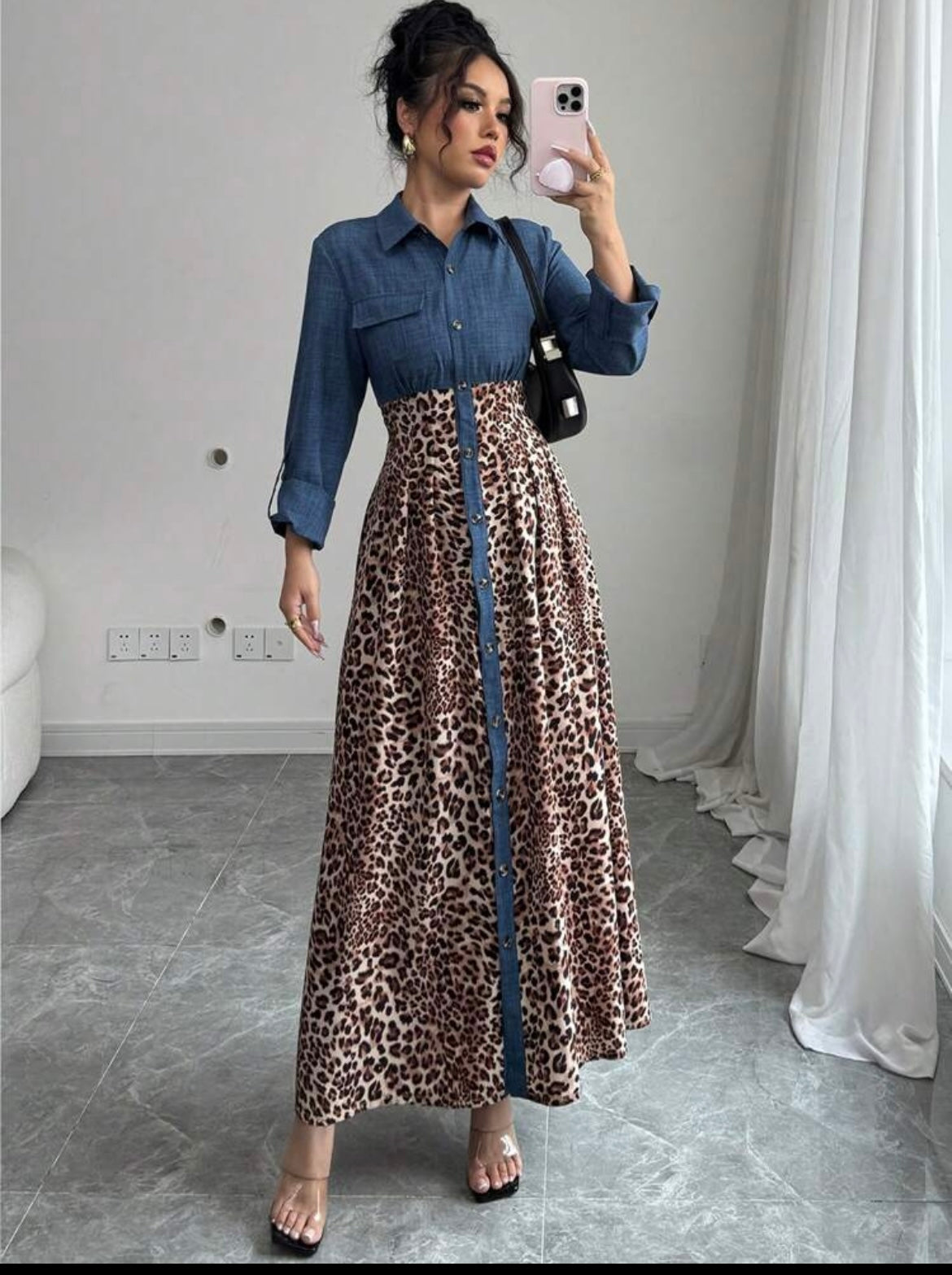 Women Jean Cheetah LongSleeve  Maxi Dress