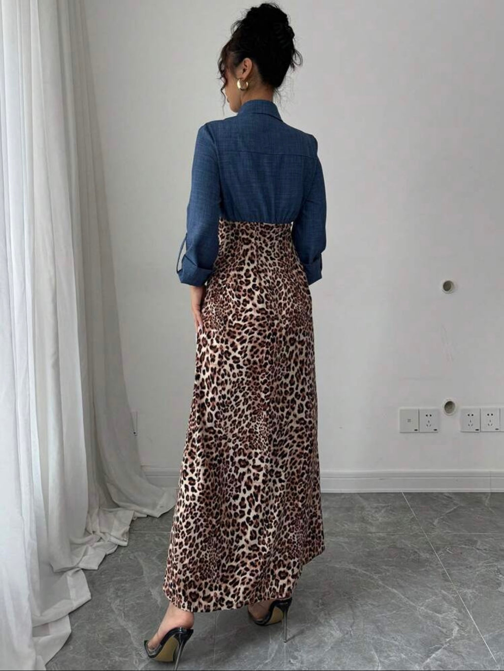 Women Jean Cheetah LongSleeve  Maxi Dress