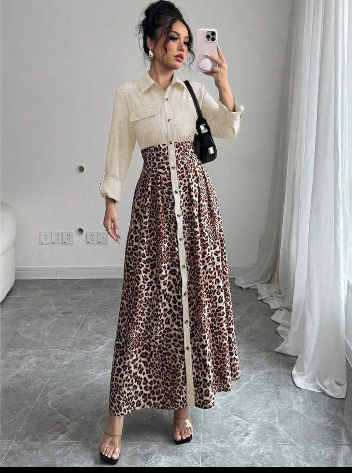Women Jean Cheetah LongSleeve  Maxi Dress