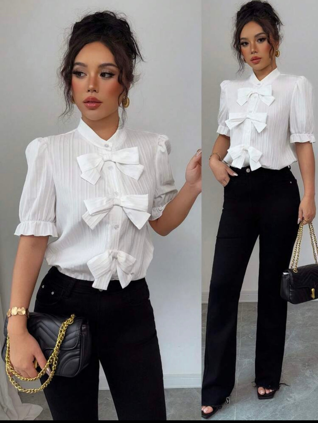 Women Sophisticated  Solid Bow Blouse