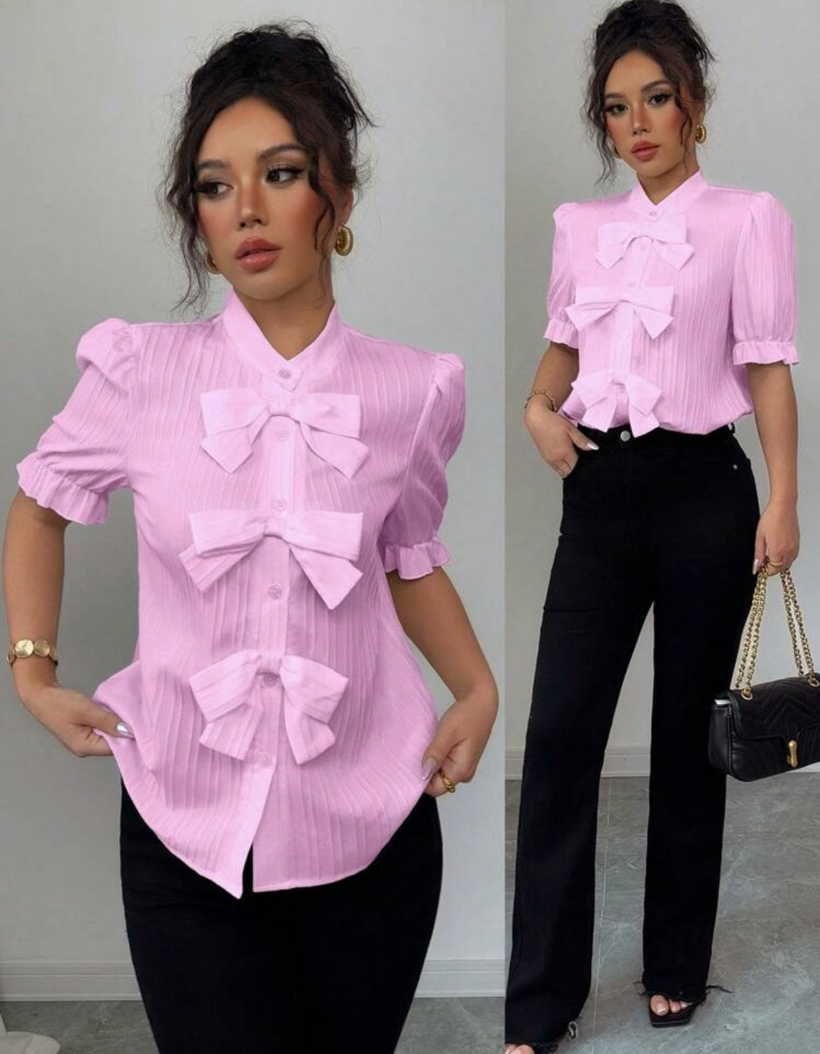 Women Sophisticated  Solid Bow Blouse