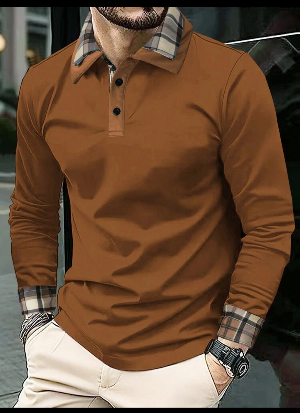 Men Solid Plaid Print Polo Shirt