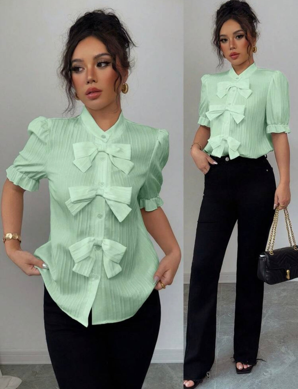 Women Sophisticated  Solid Bow Blouse