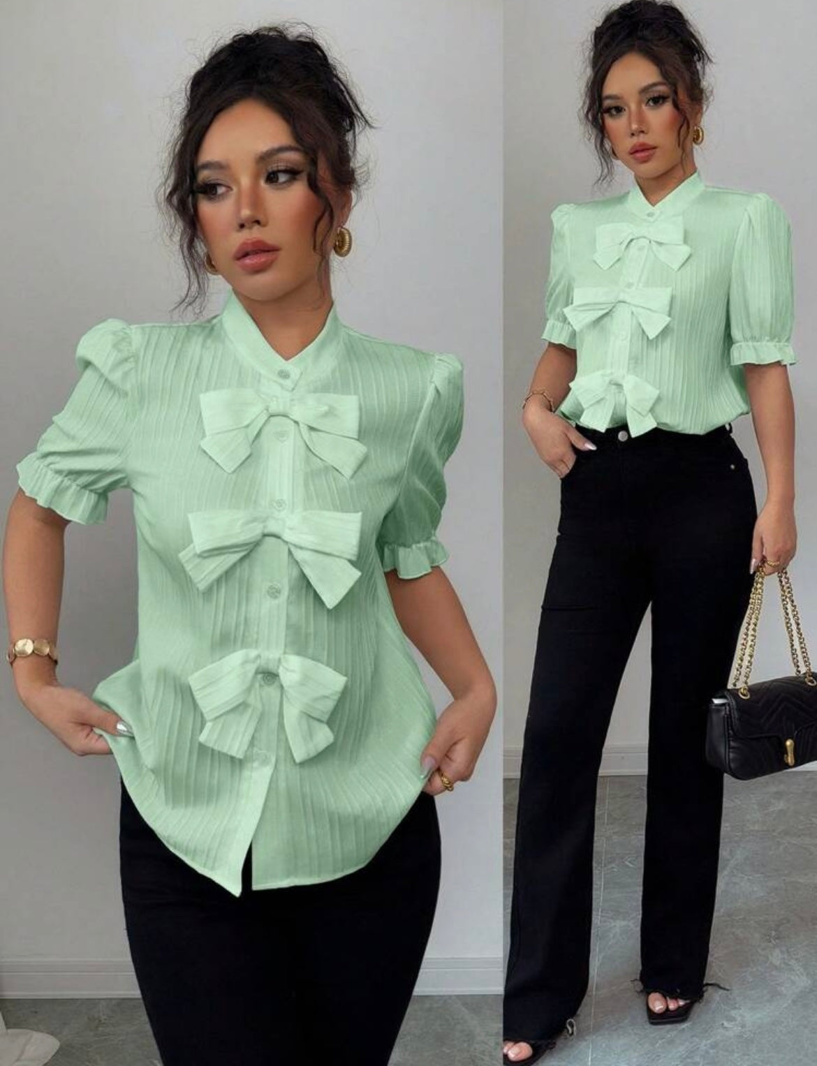Women Sophisticated  Solid Bow Blouse