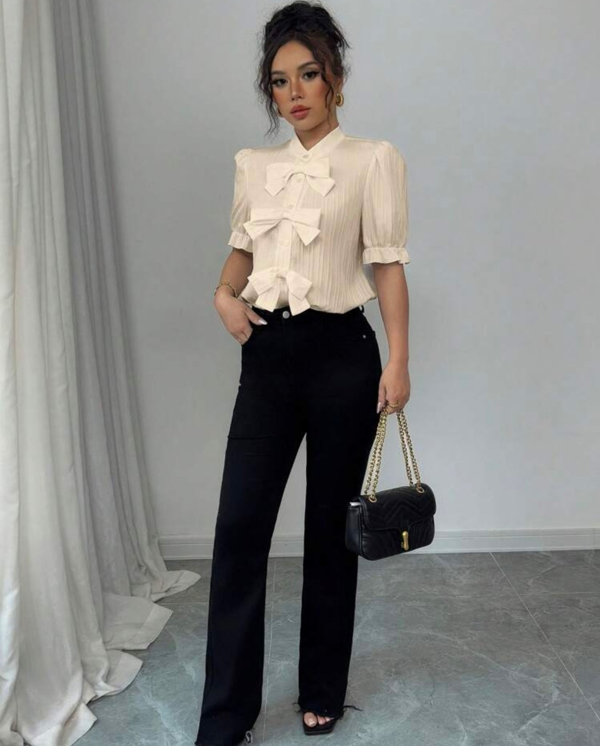 Women Sophisticated  Solid Bow Blouse