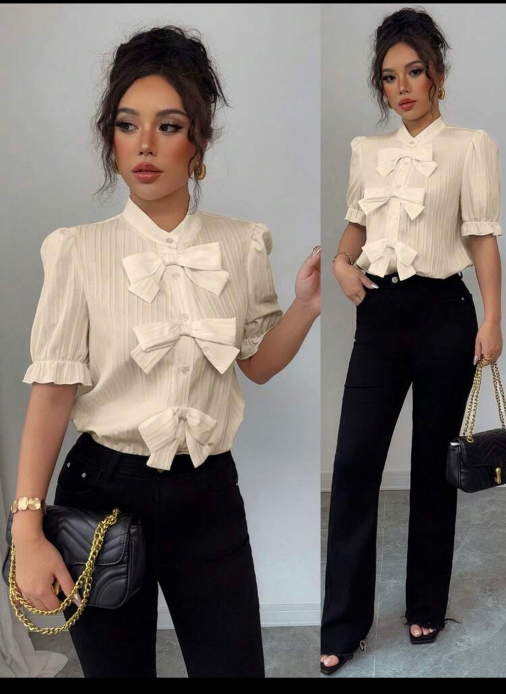 Women Sophisticated  Solid Bow Blouse