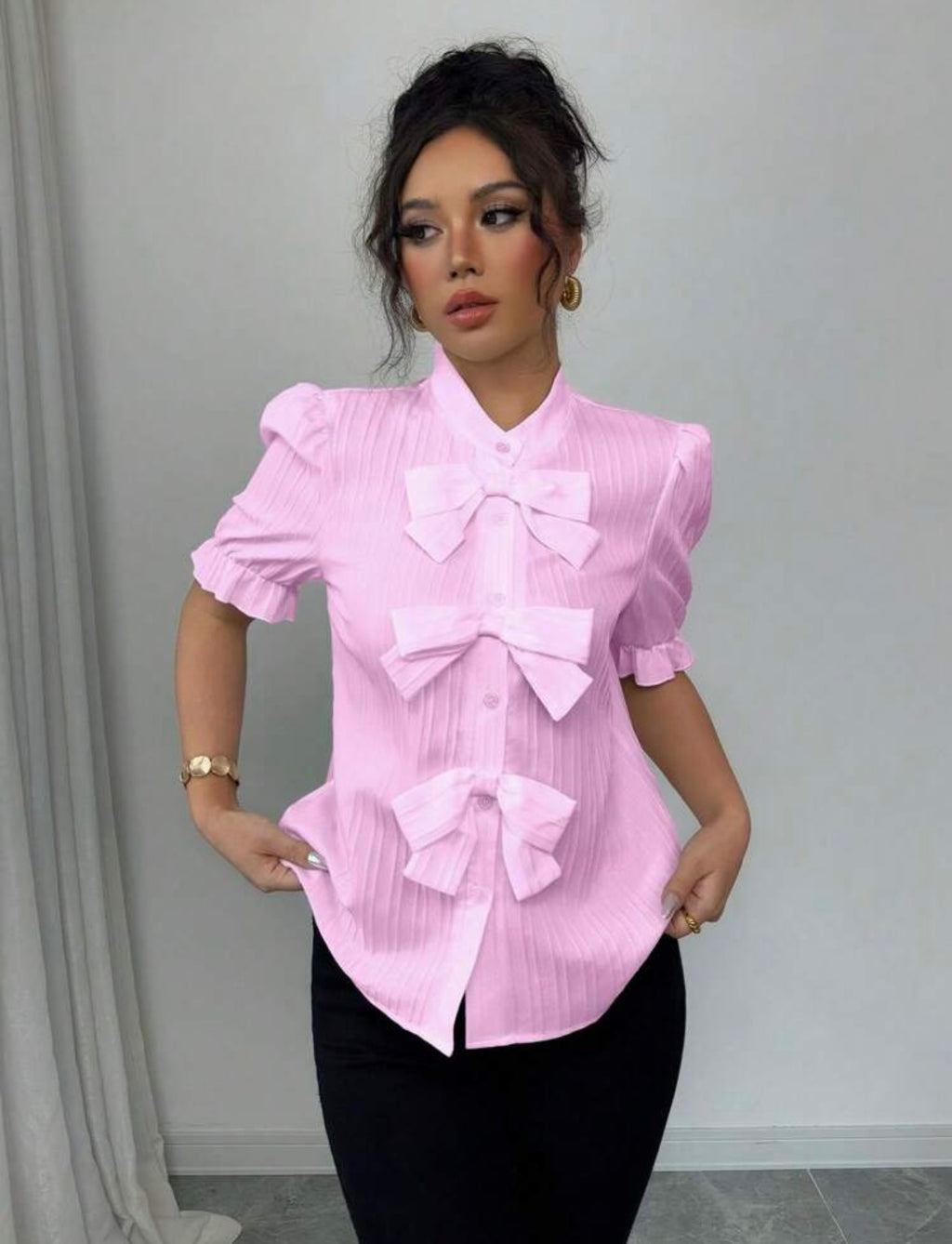 Women Sophisticated  Solid Bow Blouse