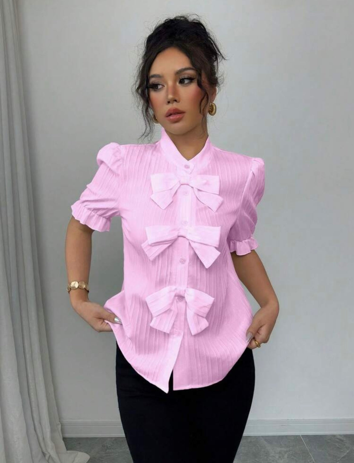 Women Sophisticated  Solid Bow Blouse